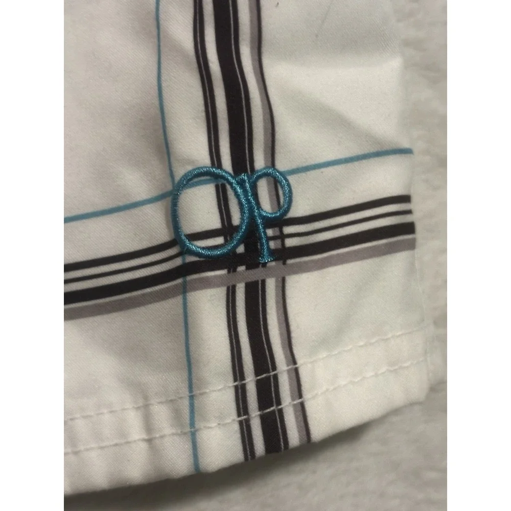 OP Ocean Pacific Opflex Men's Lg 36-38 Board Shorts Plaid White Y2K Style Swim